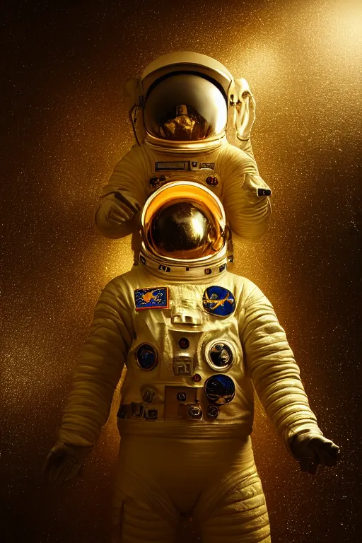 Image similar to extremely detailed studio portrait of space astronaut, helmet under arm, full body, soft light, golden glow, award winning photo by michal karcz and yoshitaka amano