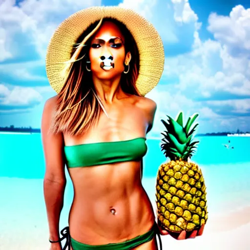 Image similar to j - lo, coconut bikini and a pineapple hat, professional photography, photoshop