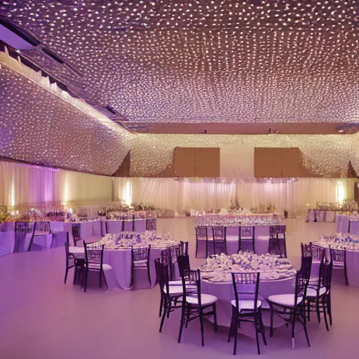 Image similar to large convention centre room decorated for a wedding reception, ceiling swagging, fairy lights, symmetrical lighting design, interior design by Wes Andersson