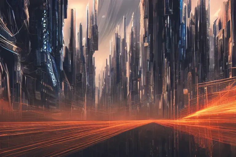 Prompt: abstract depiction of a complex city where the connections are seen as streaks of intense light, ultradetailed, polished, cyberpunk style