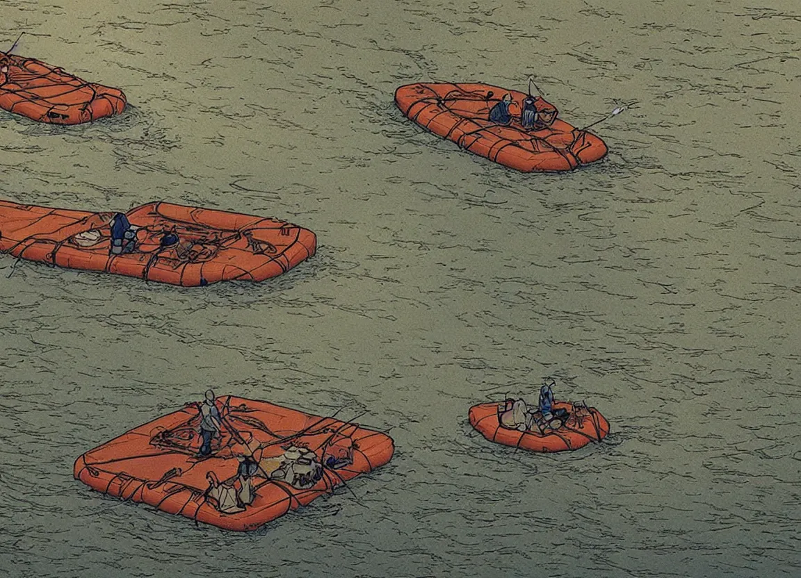 Image similar to a river raft floating down a river by moebius