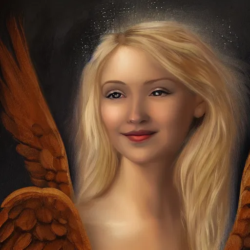 Prompt: a painting of an angel, a young woman with long blond hair and a halo smiling in heaven, highly detailed, digital art