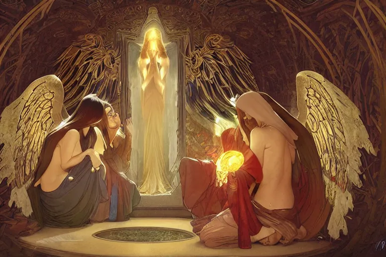 Image similar to inside a tomb, dark scene, light coming in from the left, 3 women crouching in colored robes, 2 angels with feathered wings | medium close | fibonacci composition, by artgerm, greg rutkowski, alphonse mucha