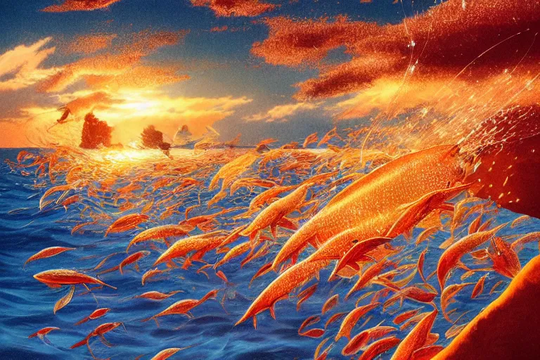 Image similar to portrait of goldfishes swarming the ocean. shadow and light. rays of light. energetic, dynamic, lively, detailed, intricate, complex. fine art by hayao miyazaki, akira toriyama, makoto shinkai, and ohara koson.