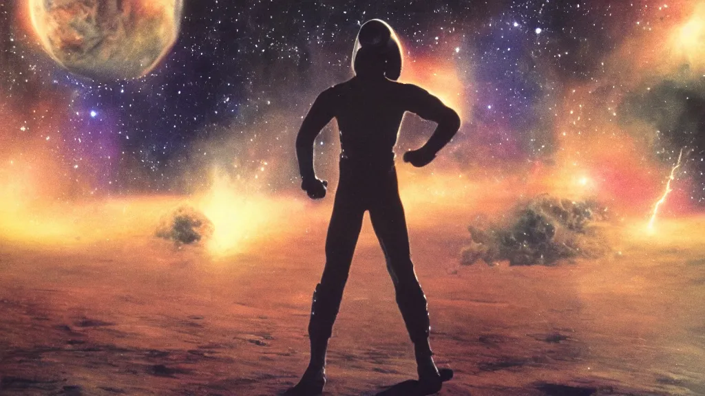 Image similar to billy preston ( 1 9 7 4 ) walking on a planet. close bottom view. whole body. nebula background. cinematic composition. cinematic lightning. ultra realistic. 8 k. highly detailled. deep space. ultra realistic details. cinematic atmosphere. studio lighting. shadows. dark background.