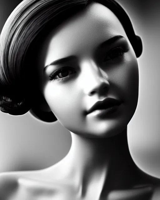 Image similar to black and white dreamy young beautiful female artificial intelligence, cinematic, rim light, photo - realistic, elegant, high detail, 8 k, masterpiece, photo taken in 1 9 3 0