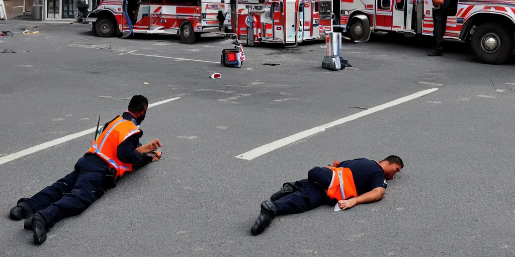 Prompt: a policeman taking notes on the ambulance roof, a man on fire lying down the asphalt -2