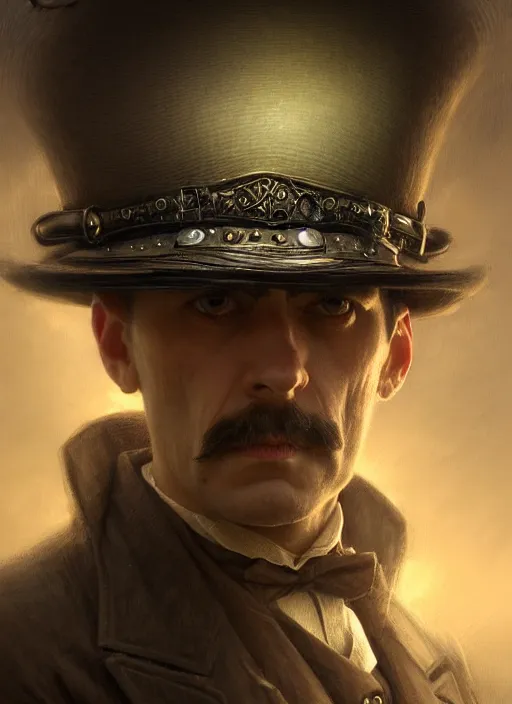 Prompt: closeup portrait shot of a victorian detective in a scenic dystopian environment, intricate, elegant, highly detailed, centered, digital painting, artstation, concept art, smooth, sharp focus, illustration, artgerm, tomasz alen kopera, peter mohrbacher, donato giancola, joseph christian leyendecker, wlop, boris vallejo