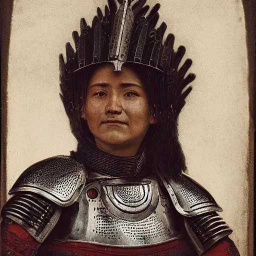 Prompt: head and shoulders portrait of a female knight, quechua!!, lorica segmentata, cuirass, tonalist, symbolist, realistic, ambrotype, baroque, detailed, modeled lighting, vignetting, indigo! and venetian red, angular, smiling, raven