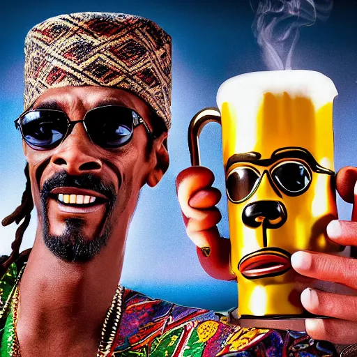 Image similar to a closeup photorealistic photograph of happy blunt smoking snoop dogg at trader vic's bar holding up a trader vic's style tiki mug featuring snoop dogg's face. tiki culture. bright scene. 4 k hd image that's trending on artstation, featured on behance, well rendered, extra crisp, features epic composition and the style of unreal engine.