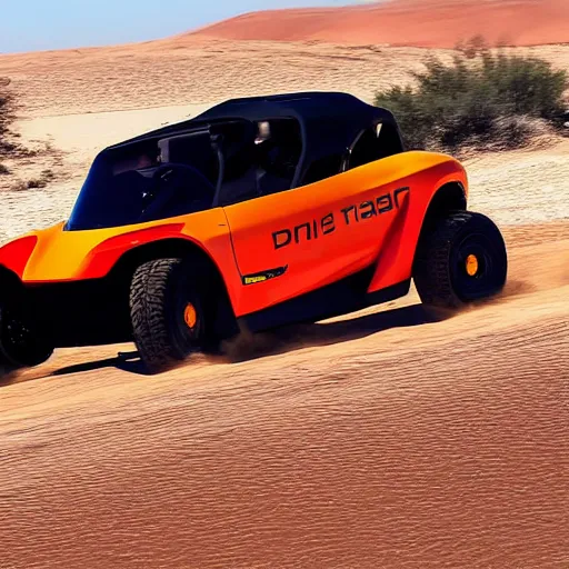 Prompt: tesla dune buggy driving on a desert road