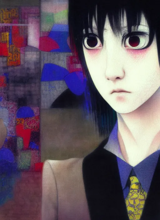 Image similar to yoshitaka amano blurred and dreamy realistic three quarter angle portrait of a young woman with short hair and black eyes wearing office suit with tie, junji ito abstract patterns in the background, satoshi kon anime, noisy film grain effect, highly detailed, renaissance oil painting, weird portrait angle, blurred lost edges