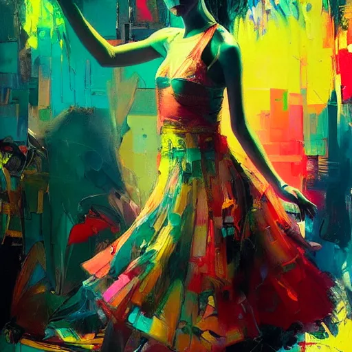 Prompt: portrait of beautiful girl sensual dancing, ecstatic, wonderfull techno party, bright vibrant colors, utopia, by by greg rutkowski, by jeremy mann, by francoise nielly