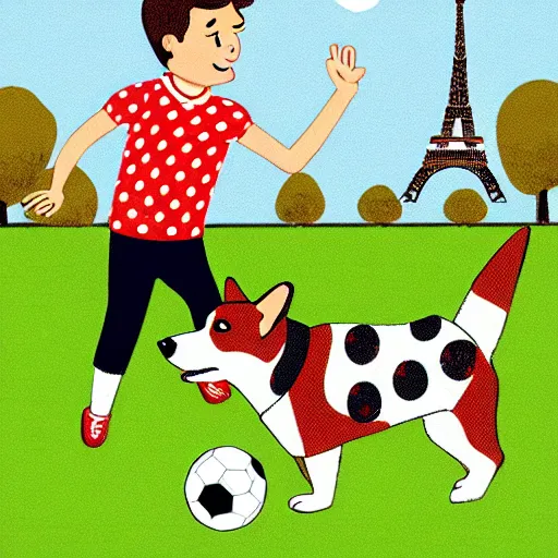 Image similar to illustration of french boy in paris playing football against a corgi who is wearing a polka dot scarf