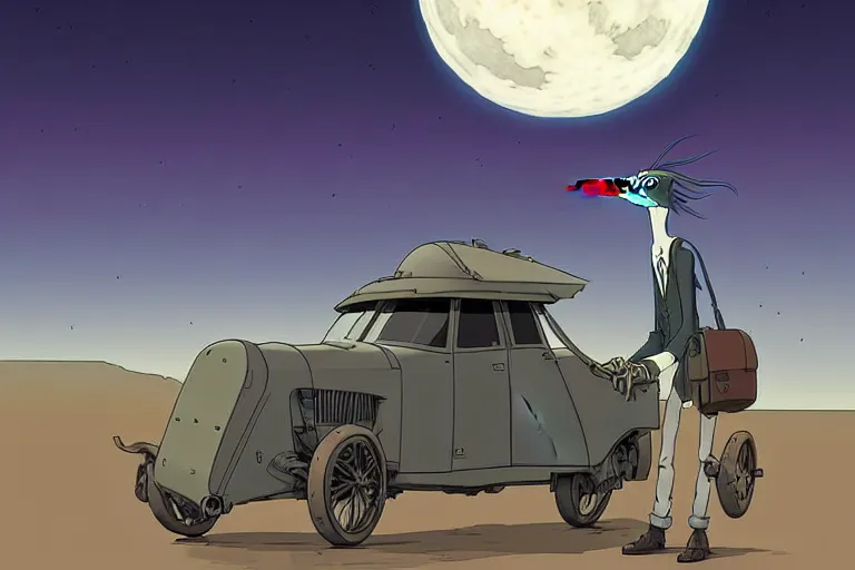 Prompt: a cell shaded cartoon of a mechanized grey heron from howl's moving castle ( 2 0 0 4 ), on a desert road, in front of a full moon, full body, wide shot, very muted colors, post grunge, studio ghibli, laurie greasley, highly detailed, deviantart, art by artgem