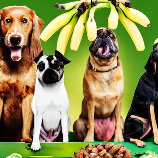 Prompt: a realistic photo of 2 or 3 dogs sitting around a bunch of bananas, looking at them whilst druoling because they're hungry.