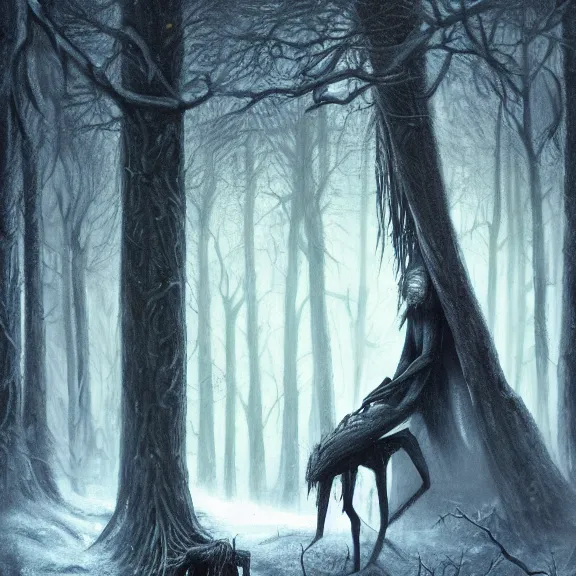 Image similar to cloaked humanoid wendigo feasting on a dear, nighttime located in a snowy dark forest, lurking horror, distant shot, dungeons and dragons, magic the gathering, forboding, high detail, oil painting, style of seb mckinnon