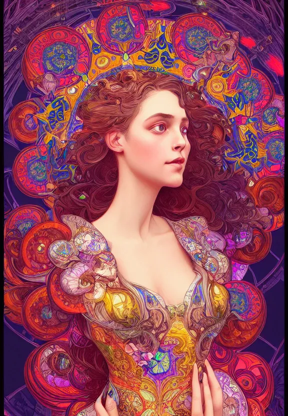 Prompt: portrait of a beautiful woman wearing a kaleidoscopic psychedelic dress, fantasy, intricate, elegant, highly detailed, digital painting, artstation, concept art, smooth, 8 k, sharp focus, illustration, art by artgerm and greg rutkowski and alphonse mucha