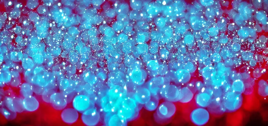 Image similar to “ a world of light blue dew drops, red reflections of screaming people, dramatic backlit lighting, incredible reflections, macro bokeh ”