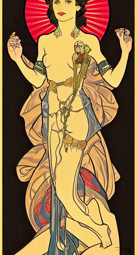 Prompt: the fool rider tarot card illustrated in an art deco style by tamara de lempika and an elegant border by alphonse mucha. | studio lighting | digital painting, stunning lighting, trending on artstation