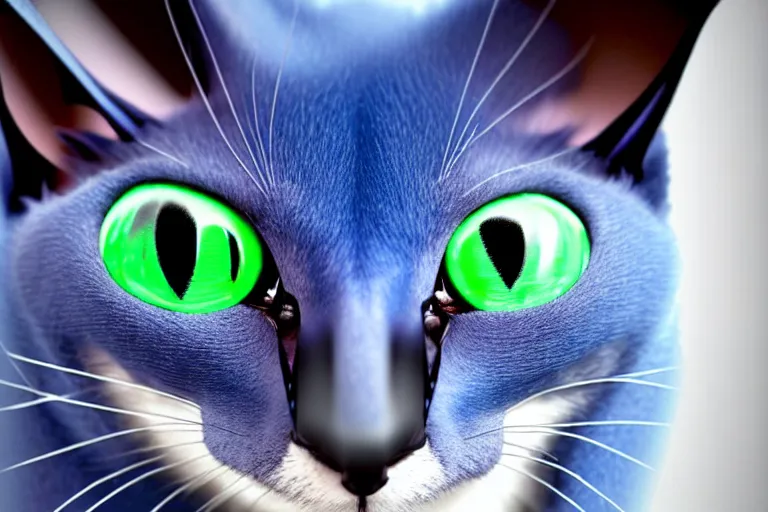 Image similar to a blue - and - black male blue / green heterochromatic catbat fursona with blue / green heterochromatic eyes ( differently - colored eyes, one green, one blue ) and huge bat ears, photo of the catbat streaming on his computer