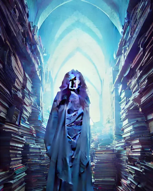 Image similar to highly detailed surreal vfx portrait of a female mage with a blue cape in a labyrinth of books, stephen bliss, unreal engine, greg rutkowski, loish, rhads, beeple, makoto shinkai and lois van baarle, ilya kuvshinov, rossdraws, tom bagshaw, alphonse mucha, global illumination, detailed and intricate environment