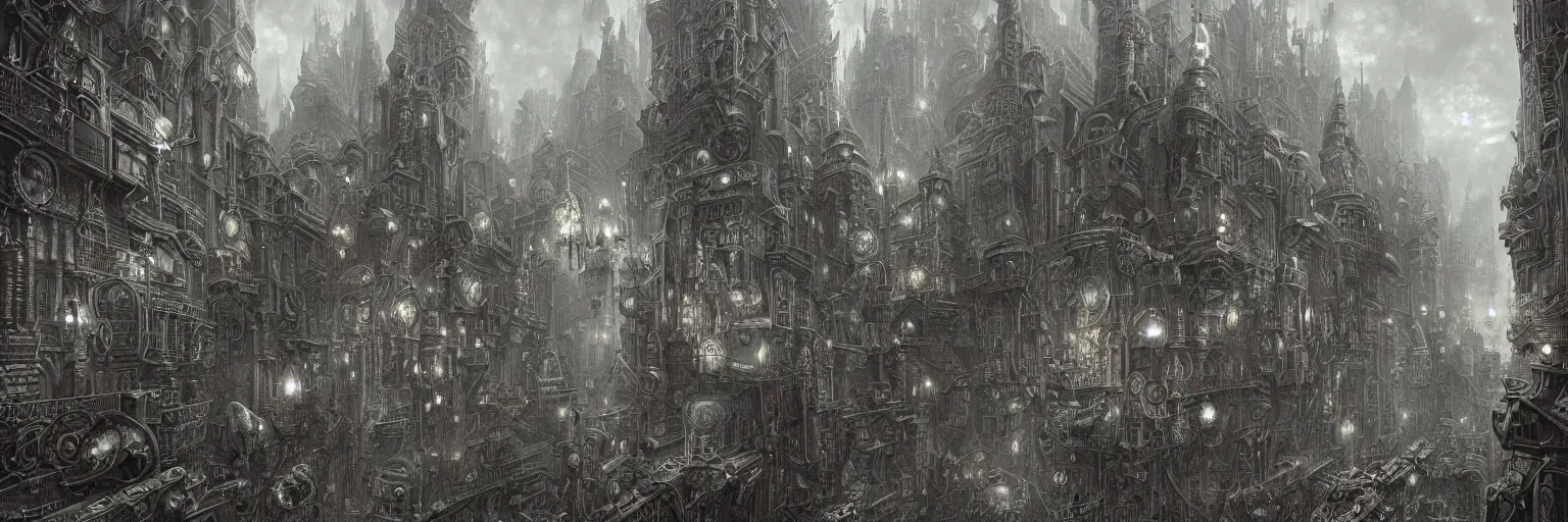 Image similar to grey and silver tones, Marc Simonetti, Mike Mignola, smooth liquid metal with detailed line work, Mandelbulb, Exquisite detail perfect symmetrical, silver details, hyper detailed, intricate ink illustration, golden ratio, city night, steampunk, smoke, neon lights, starry sky, steampunk city background, liquid polished metal, by peter mohrbacher
