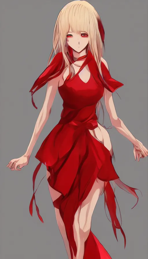 Prompt: beautiful female anime character, blonde, with red dress, concept art, character concept, digital art, artstation, detailed, 4 k