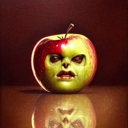 Image similar to apples arranged in the shape of a face, fantasy, intricate, elegant, highly detailed, lifelike, photorealistic, digital painting, artstation, illustration, smooth, sharp focus, art by artem demura, giuseppe arcimboldo