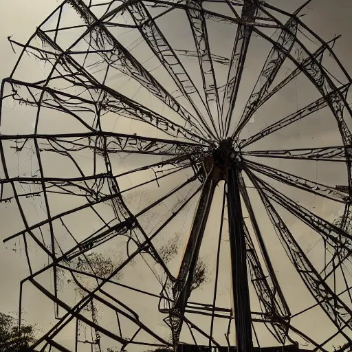 Image similar to an old abandoned rusty ferris wheel, in a town filled with pale yellow mist. Dystopian. Award-winning colored photo. OM system 12–40mm PRO II 40mm, 1/100 sec, f/2 8, ISO 800