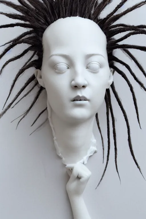 Image similar to full head and shoulders, beautiful female porcelain sculpture by daniel arsham and raoul marks, smooth, all white features on a white background, hair built like an apartment tower, delicate facial features, white eyes, white lashes, detailed white,