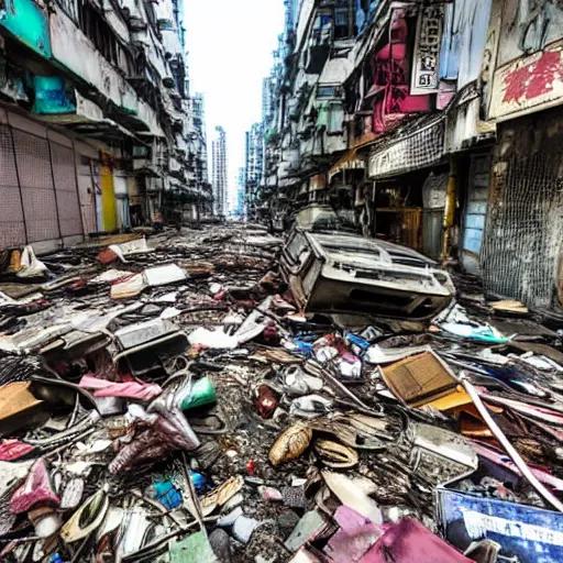 Prompt: a distorted image of abandoned streets of hong kong, junk and debris on the floor