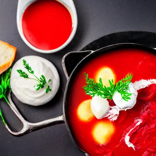 Image similar to borscht served with fake cat ears, award winning food photo, 4 k, delicious, polish food, high quality