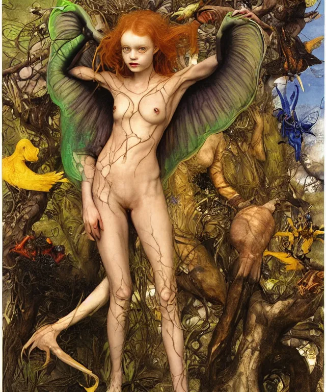 Image similar to a portrait photograph of a harpy succubus with slimy skin being transformed into a beautiful alien. she looks like sadie sink and is wearing a colorful infected sleek organic catsuit. by donato giancola, hans holbein, walton ford, gaston bussiere, peter mohrbacher and brian froud. 8 k, cgsociety, fashion editorial