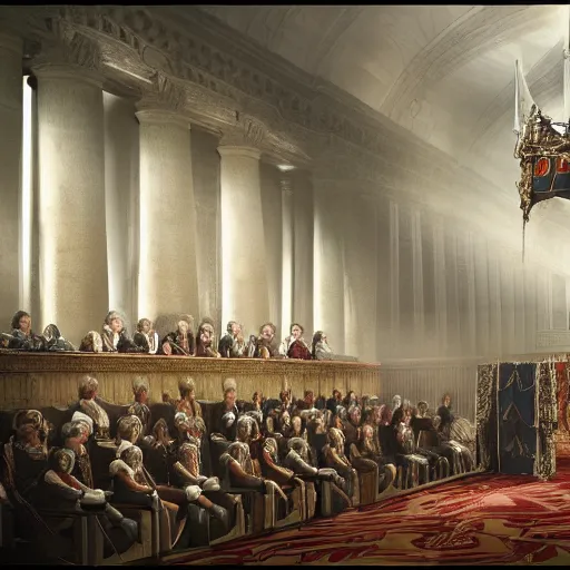 Prompt: the king of England is put on trial at the grand court, beautiful matte painting, highly detailed, artstation