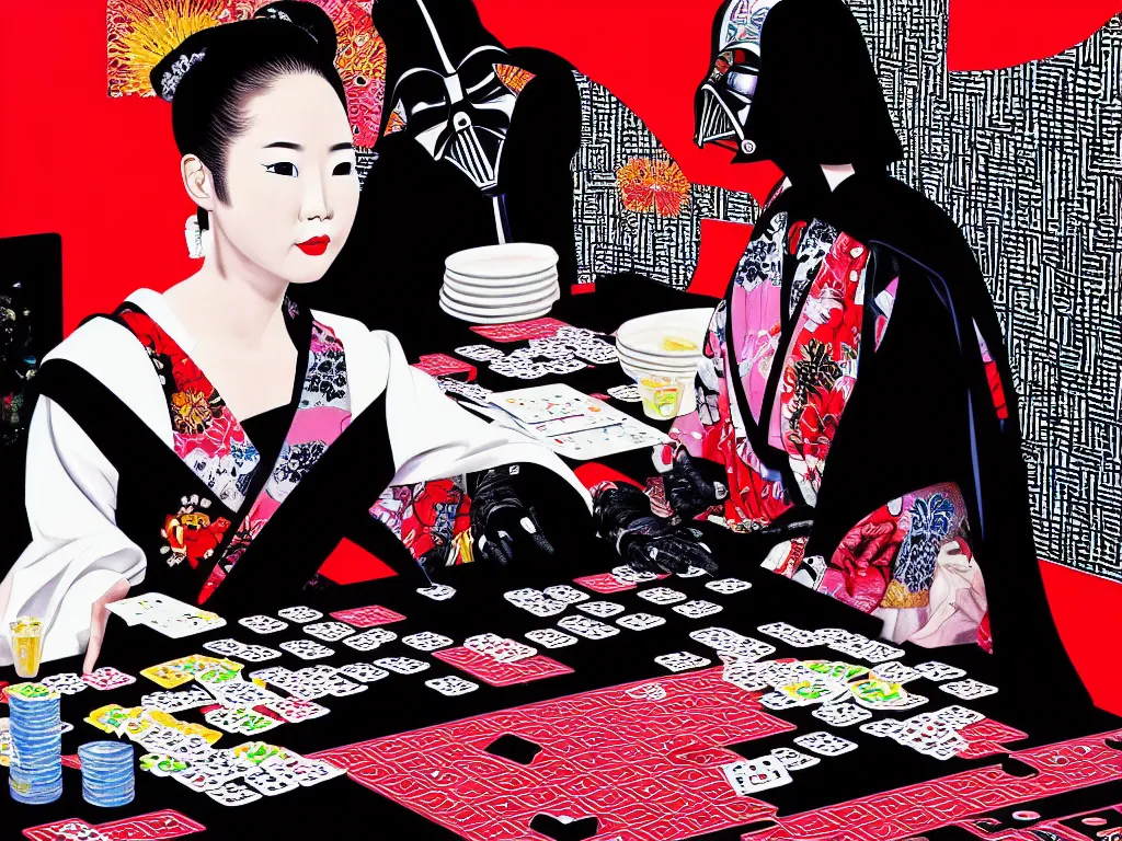 Image similar to hyperrealism composition of the detailed woman in a japanese kimono sitting at an extremely detailed poker table with darth vader, fireworks and folding screen on the background, pop - art style, jacky tsai style, andy warhol style, acrylic on canvas