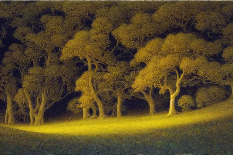 Image similar to masterpiece painting of oak trees on a hillside overlooking a creek, dramatic lighting, by jean delville