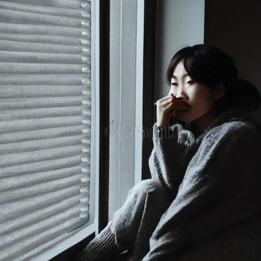 Prompt: a woman sitting on a window sill looking forward out the window, face in hands, grey sweater, a stock photo by chen jiru, tumblr, aestheticism, movie still, pretty, pixiv