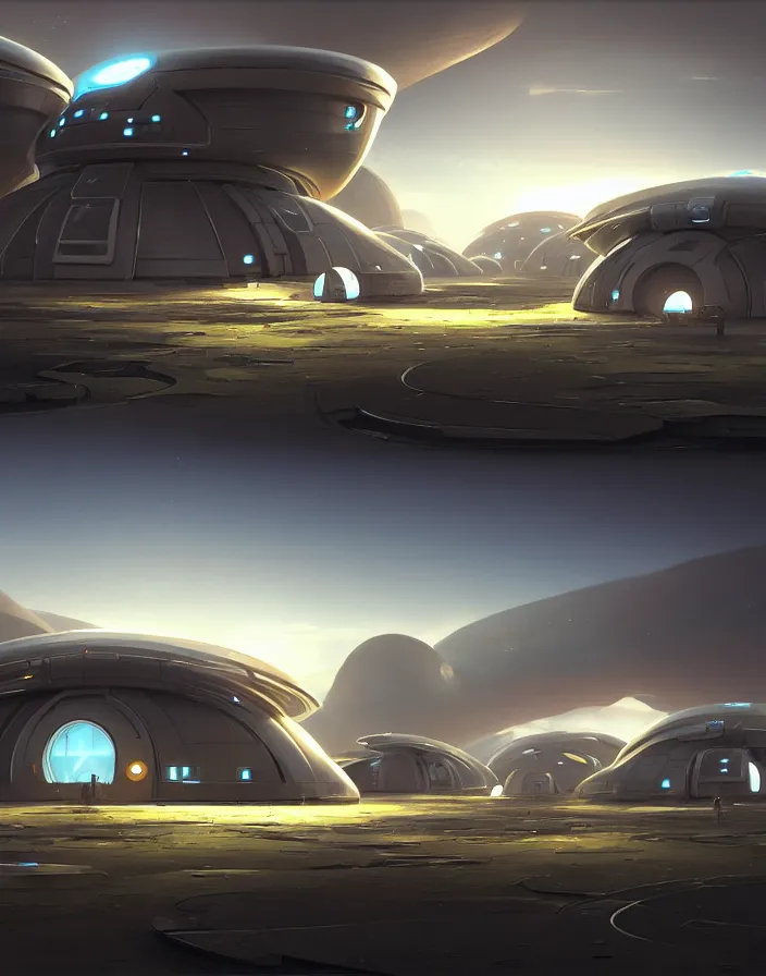 Image similar to futuristic landing pods houses area in an alien flat plain. futuristic Rounded metal houses. Fantastic landscape. highly detailed, digital painting, artstation, concept art, smooth, sharp focus, illustration, art by Tyler Edlin