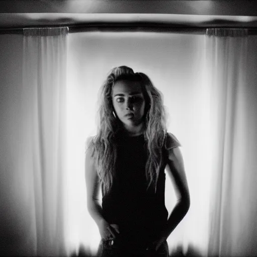 Image similar to Miley Cyrus in a dark room, movie still, photography, DSLR 35mm, low light photography,