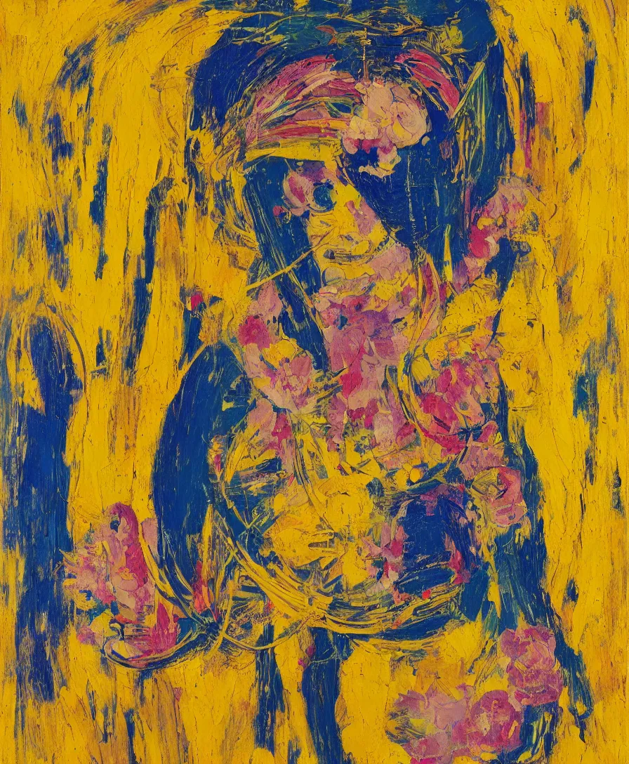 Image similar to portrait of a single lonely priestess with flowers in her hair and a candle in her hand, yellow and blue ribbons, expressive abstractionism, many small saturated hard relief strokes of oil on canvas with high detail