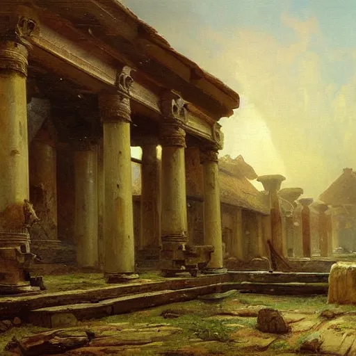 Image similar to painting of a scifi ancient civilzation wood house with pillars, andreas achenbach
