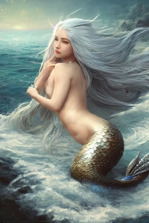 Prompt: a gorgeous mermaid with long white hair and silver blue tail, by wlop, greg rutkowski, thomas kinkade, super detailed, 3 d, 4 k wallpaper