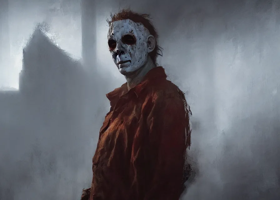 Prompt: dynamic painting portrait of Michael Myers in a burning building, sharp focus, trending on ArtStation, masterpiece, by Greg Rutkowski, by Ross Tran, by Fenghua Zhong, octane, soft render, oil on canvas, moody lighting, high contrast, cinematic, professional environment concept art