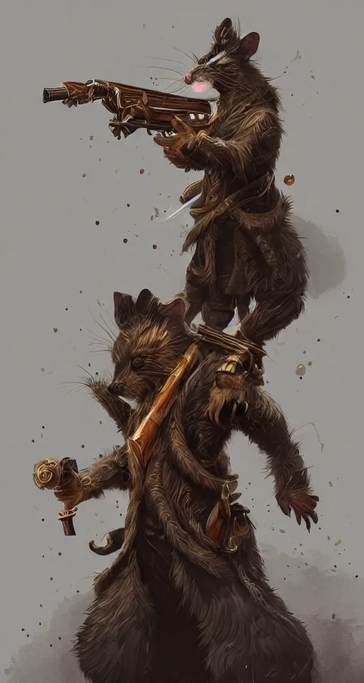 Image similar to a highly detailed illustration of one anthropomorphic rat wearing a long coat holding a wooden shotgun, dramatic standing, intricate, elegant, highly detailed, centered, digital painting, artstation, concept art, smooth, sharp focus, league of legends concept art, wlop