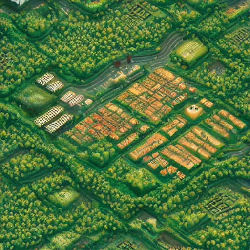 Image similar to isometric, miniature photography closeup, h0, 1:87, Meadow, pathes, highly detailed, satellite image, game map, anno 1602, cgsociety, artstation