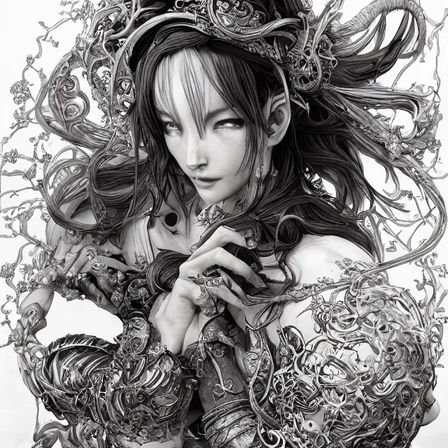 Image similar to the portrait of chaotic good female druid alchemist as absurdly beautiful, gorgeous, elegant, young gravure idol, an ultrafine hyperdetailed illustration by kim jung gi, irakli nadar, intricate linework, sharp focus, bright colors, octopath traveler, final fantasy, unreal engine 5 highly rendered, global illumination, radiant light, detailed and intricate environment