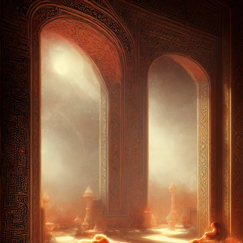 Image similar to magic fluffy Persian carpet & mirror dimension, vertical labyrinth structure, by Greg Rutkowski and Gaston Bussiere, dim lighting, beautiful volumetric-lighting-style atmosphere, surreal atmosphere, intricate, detailed, photorealistic imagery, artstation