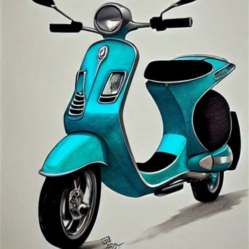 Prompt: a turquoise vespa moped, realistic, concept art, intricate details, detailed, photorealistic, pencil and watercolor, art by artgerm and greg rutkowski