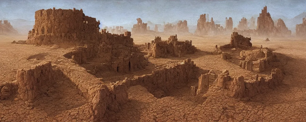 Image similar to ancient cities, castles, fortresses built by demigods aeons ago buried under time and sand on barren desert exoplanet by James Gurney, by Caspar David Friedrich, by Beksinski and Alex Gray